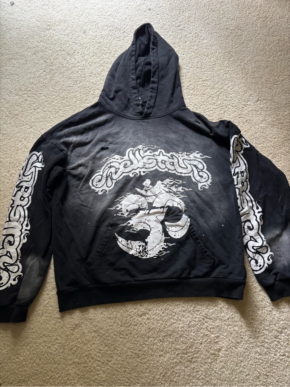 Black Graphic Hooded Sweatshirt with White Om Motif